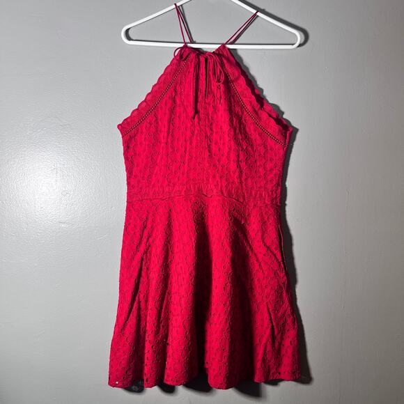 Superdry Red Halter Neck Skater Dress Lace w/ pockets Fit Flare Size 8 Christmas - Picture 2 of 10